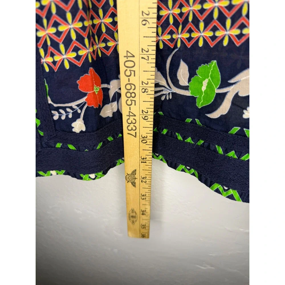 Tory Burch Women Sz 12 Navy Green Floral Medallion Tunic Side Zip Cotton Top